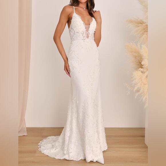 Lulus Enchanting Eternity Ivory Pearl Lace-Up Backless Maxi Dress Women’s Sz 2 - Picture 1 of 12